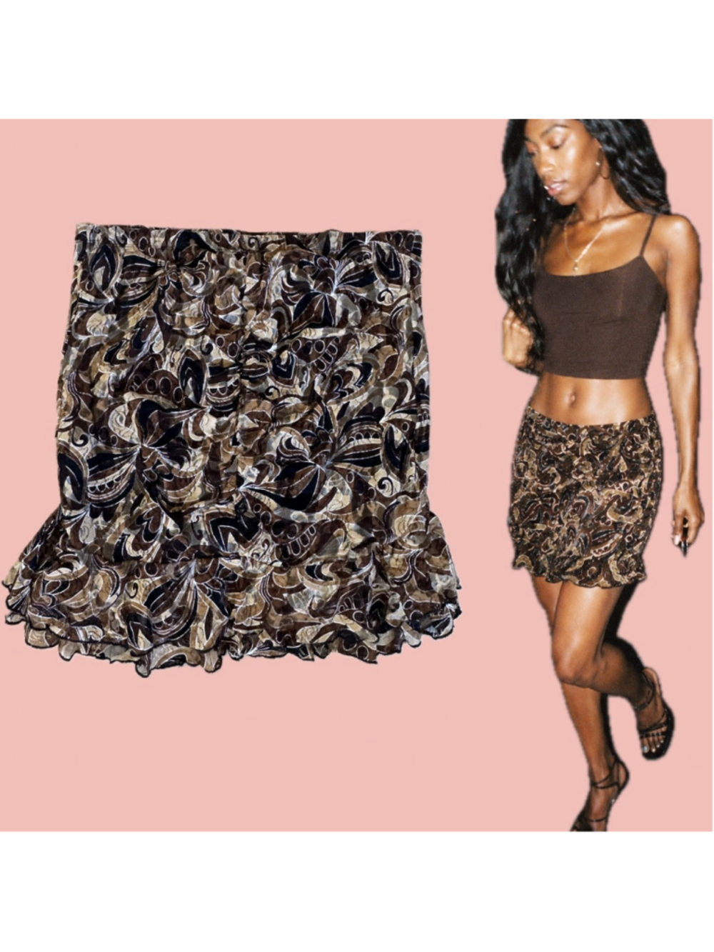 Vintage Y2K Brown Mesh Ruffle Midi Skirt Made in Canada Size XL 14G